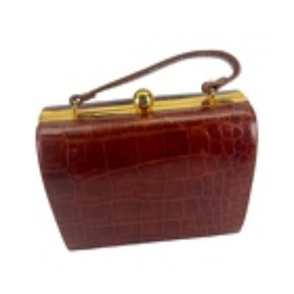 Vintage Perry Ellis Vegan Leather Croc Embossed Doctor Bag w/ Gold Accents Purse - Picture 1 of 16